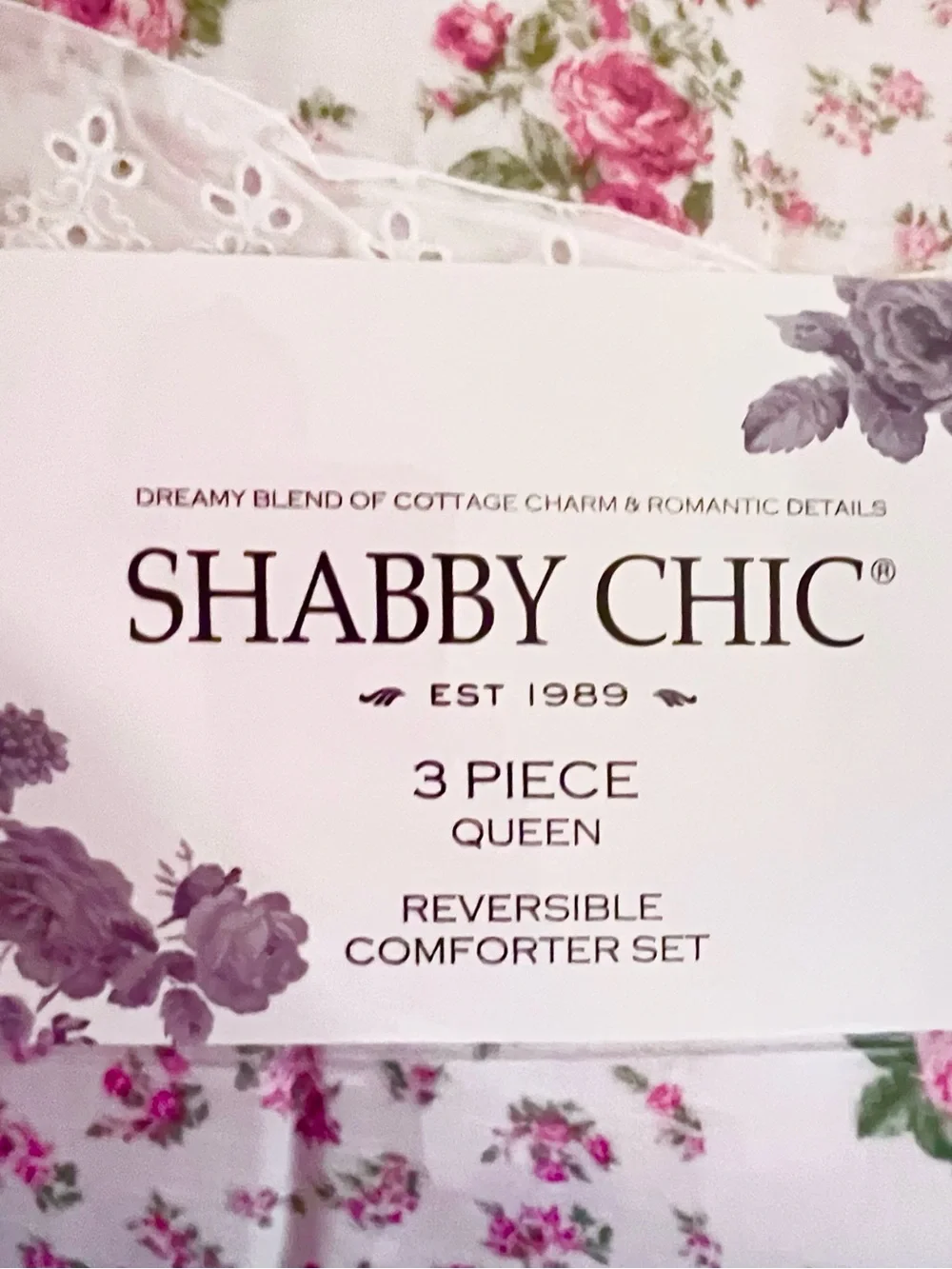 🆕- Shabby Chic 3 Piece Reversible Comforter Set - Pink White Floral, Queen Size